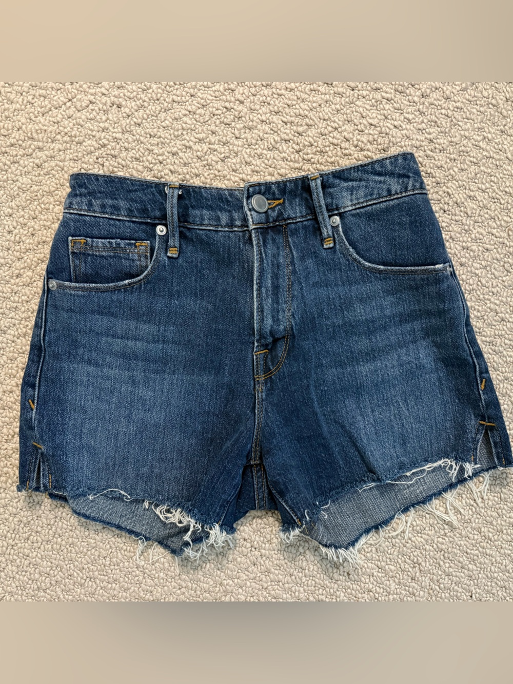 Good American Raw-Hem Dark Blue Denim Shorts